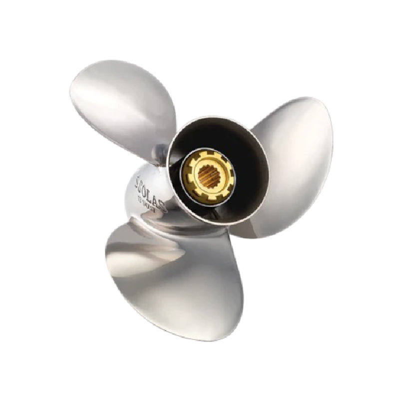 New 15-35 HP Solas Saturn Stainless Propeller 3" Gearcase Hub, 14 Tooth Spline & Thru Hub Exhaust