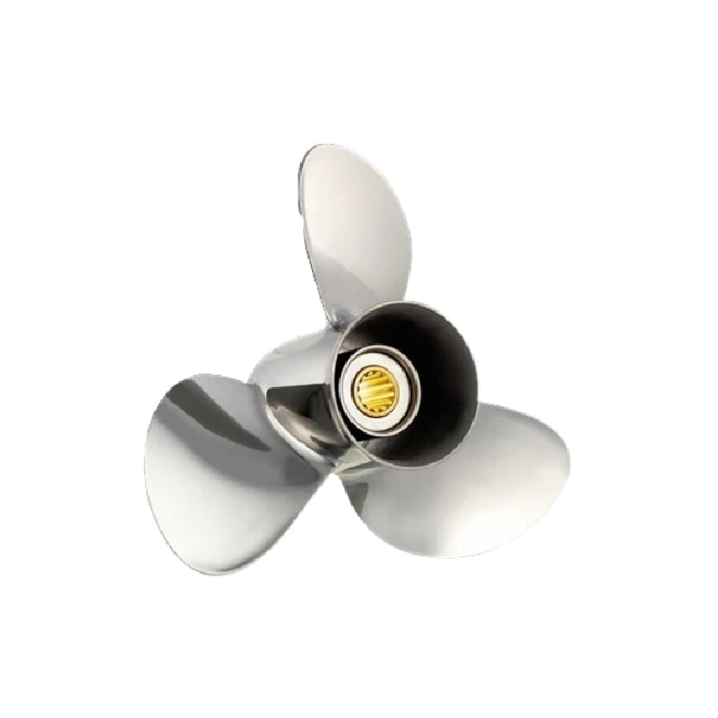 New 40-140 HP Solas Titan Stainless Propeller Large 4 1/4" Hub, 13 Tooth Thru Hub Exhaust