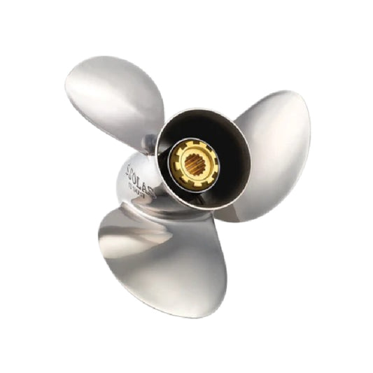 New 15-35 HP Solas Saturn Stainless Propeller 3" Gearcase Hub, 14 Tooth Spline & Thru Hub Exhaust