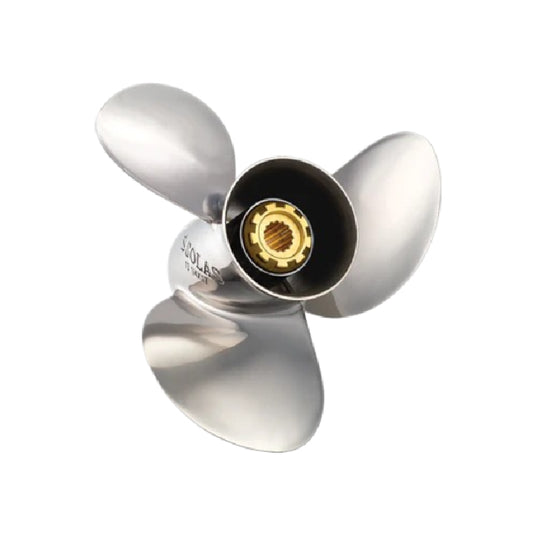 New 40-140 HP Solas Saturn Stainless Propeller Large 4 14 Hub, 13 Tooth Thru Hub Exhaust