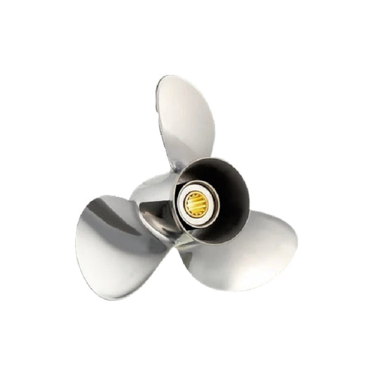 New 40-140 HP Solas Titan Stainless Propeller Large 4 1/4" Hub, 13 Tooth Thru Hub Exhaust