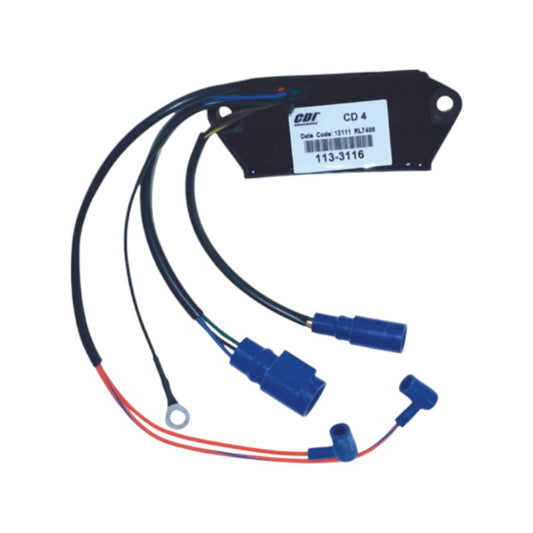 New CDI  Johnson & Evinrude 1986-1987 Power Pack 4 Cyl. Comm, Cross Flow Engines, 5700 RPM Limit 100 HP OEM # 113-3116