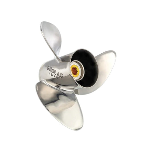 New DF90, 115, 140 HP 4 Stroke 2002-2007 Solas HR Titan 3 Blade Stainless Propeller 4 14 Hub, 15 Tooth Spline Thru Hub Exhaust